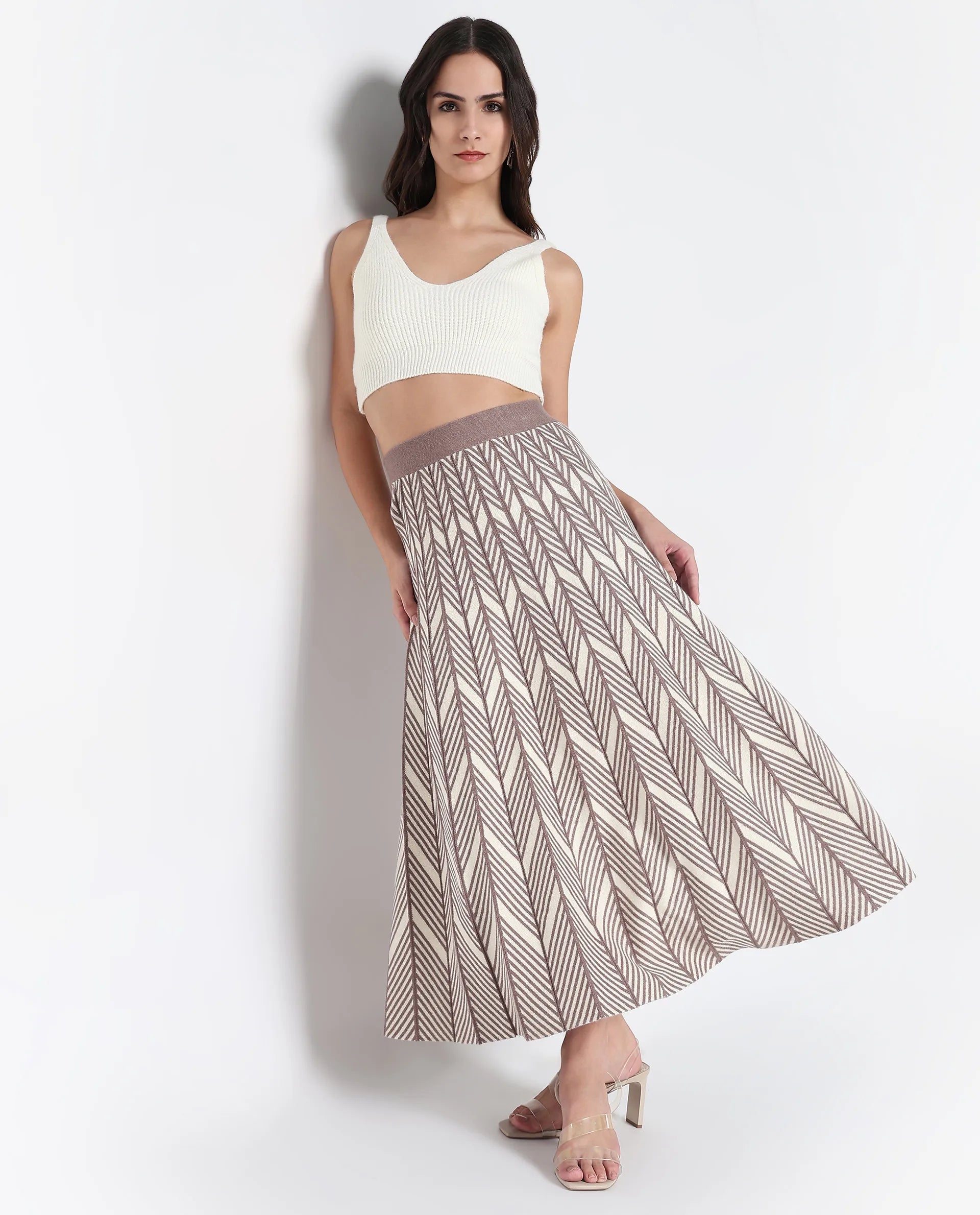 Rareism Women Lida Beige Relaxed Fit Printed Skirt silk skirt lustrous