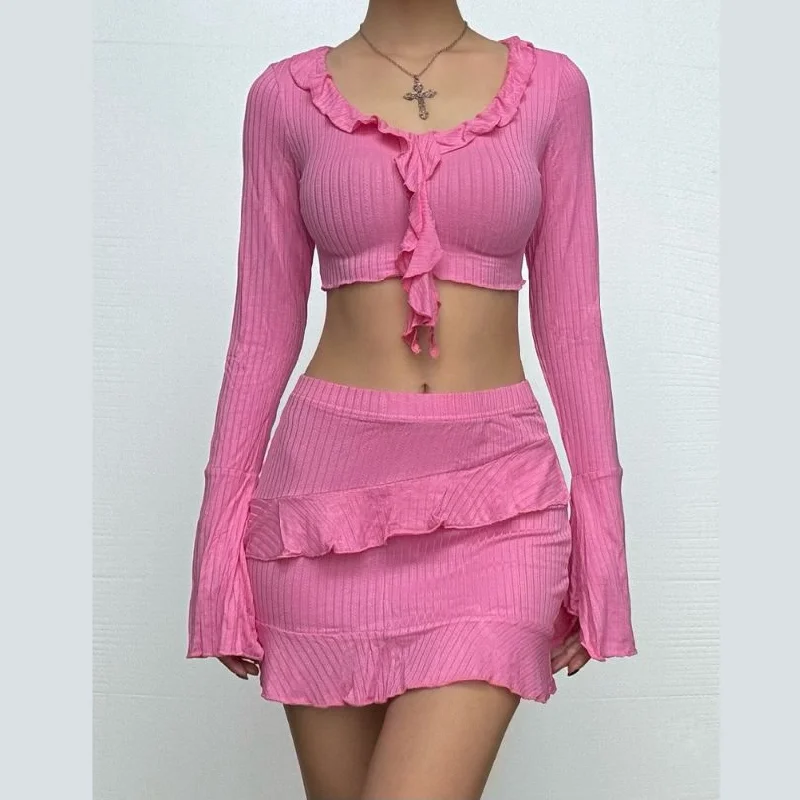 Long flared sleeve v neck ruffle slit mini skirt set pleated skirt texture