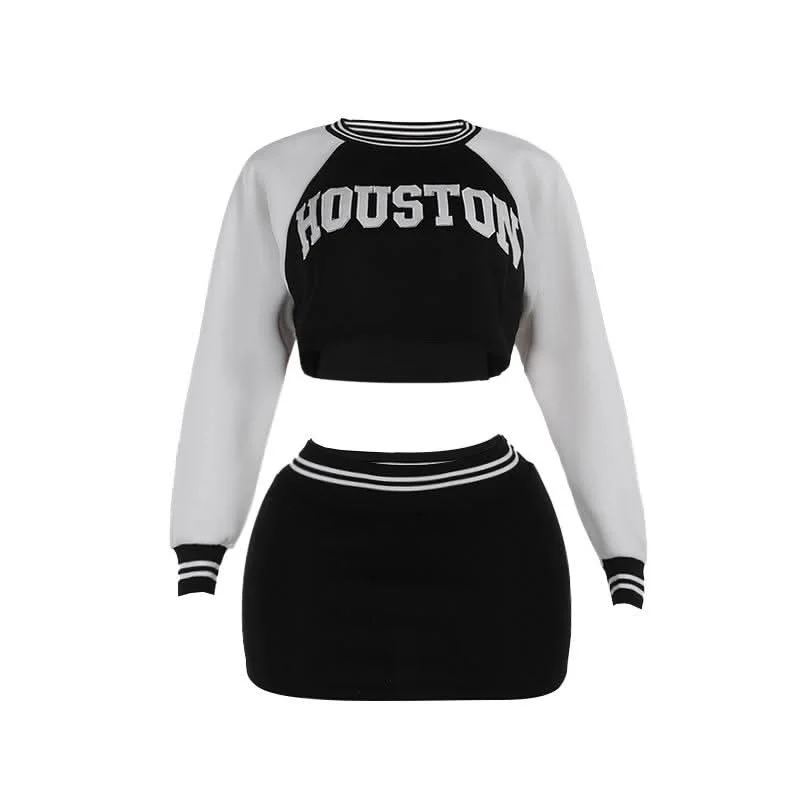 Long sleeve crewneck letter pattern crop mini skirt set lightweight skirt design