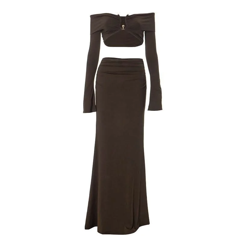 Long sleeve off shoulder metal applique slit ruched maxi skirt set seamless skirt comfort