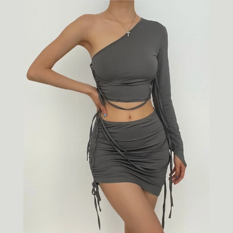 Long sleeve solid drawstring ruched one shoulder crop top skirt set linen skirt natural