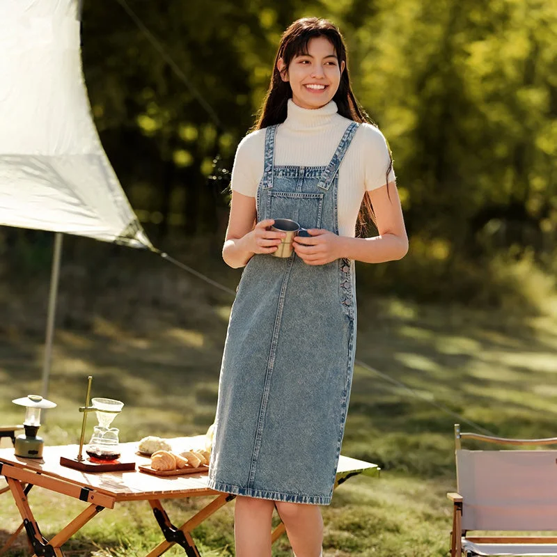 Spring Denim Suspender Retro Skirt wool skirt warm