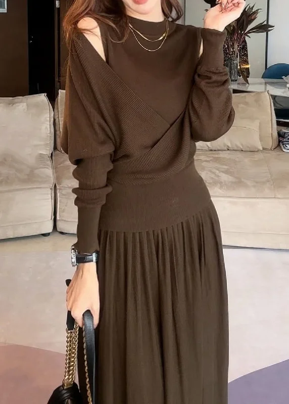 Stylish Brown Asymmetrical Cotton Knit Sweater And Maxi Skirts Two Pieces Set Winter leather skirt bold