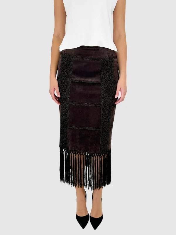 Suede Fringe Midi Skirt - Size M ribbed skirt waist