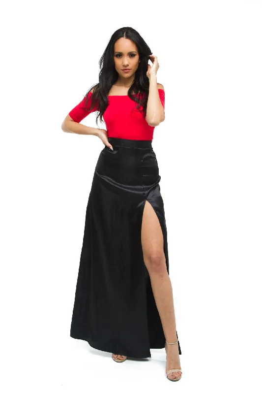 THE MYSTYLEMODE BLACK SATIN SIDE SLIT MAXI SKIRT lace skirt delicate