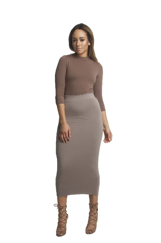 THE MYSTYLEMODE MOCHA DOUBLE LINED STRETCH HIGH WAISTED MIDI SKIRT lace skirt elegant