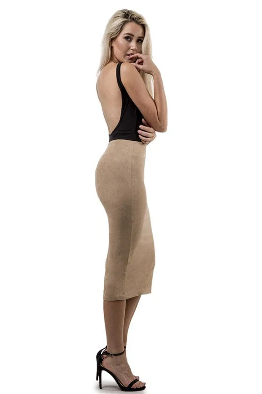 THE MYSTYLEMODE NUDE SUEDE HIGH WAISTED MIDI SKIRT casual skirt length