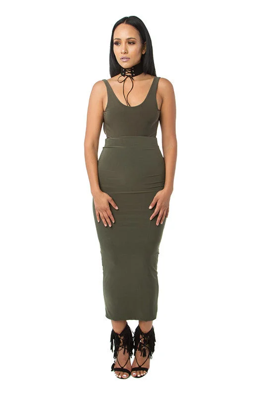 THE MYSTYLEMODE OLIVE ESSENTIAL VENEZIA DOUBLE LINED MAXI MIDI SKIRT denim skirt casual