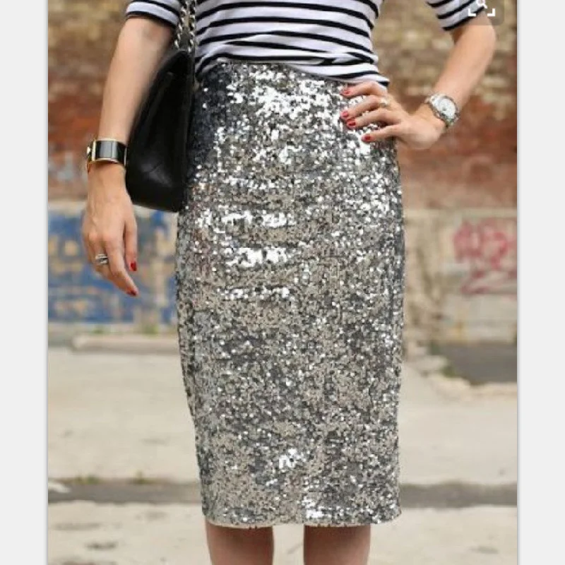 Women Bling Sequin Skirt Fashion Midi Skirt High Waist Bodycon One-Step Party Skirts For Women Plus Size leather skirt modern