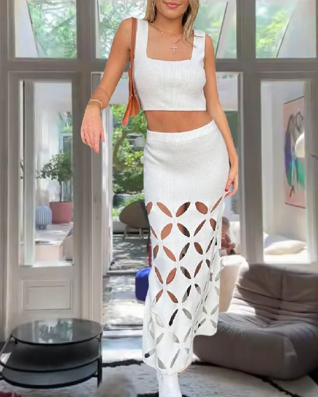 Women Summer 2 Piece Knitted Sets Tank Tops and Elastic Cutout Long Skirt elastic waist skirt