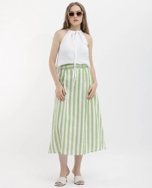 Rareism Women Zame-B Off White Cotton Linen Fabric Zip Closure Regular Fit Striped Midi Skirt wool skirt sturdy